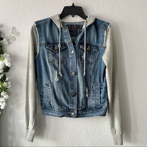 Rue21 Hooded Drawstring Button Up Pocket Gray Denim Jacket Women's Size S Unisex